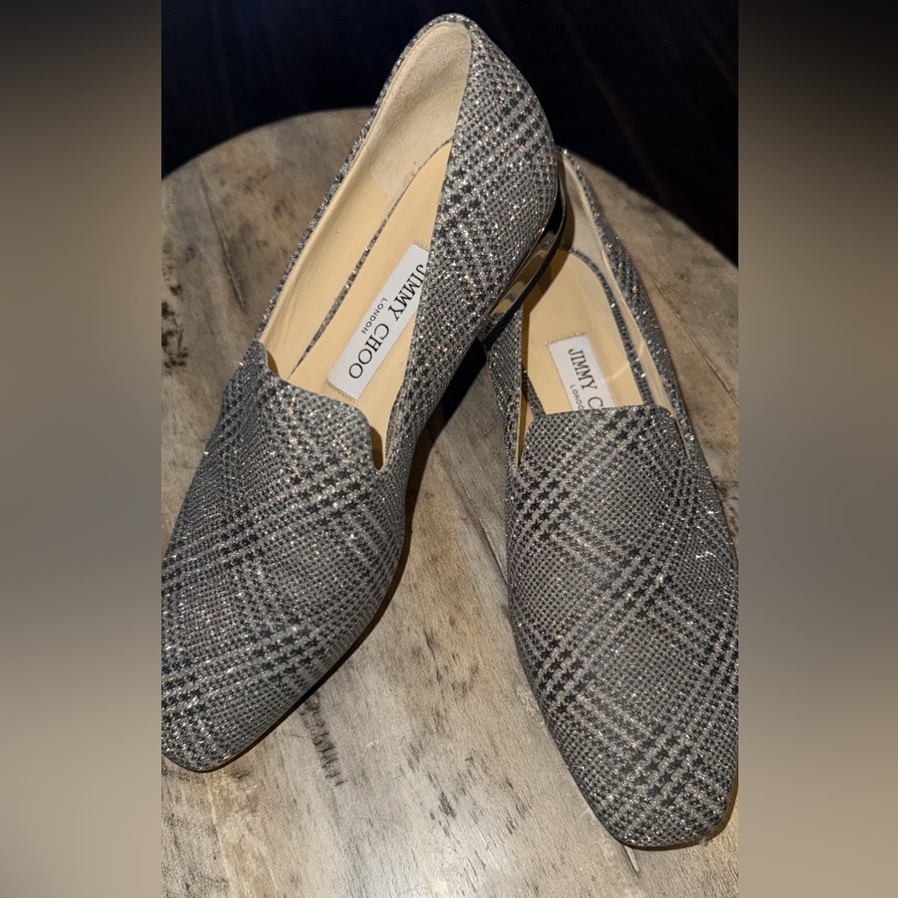 Jimmy Choo Black and Silver Patterned Loafers